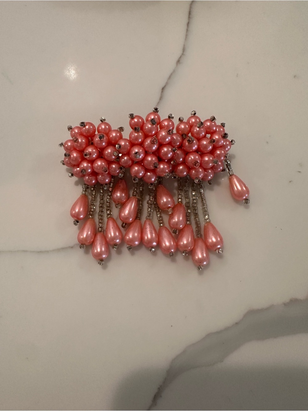 Vintage pink beaded dangle barrette hair clip- retro faux pearls.